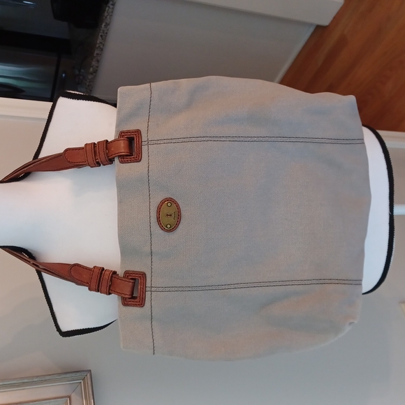 Fossil Taupe Canvas Embellished Circles Squares Tote Bag - Picture 7 of 16